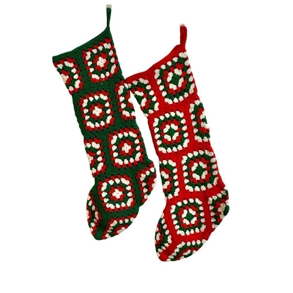 Handmade Granny Square Christmas Stocking Set of 2 XL Vintage Green Red White
